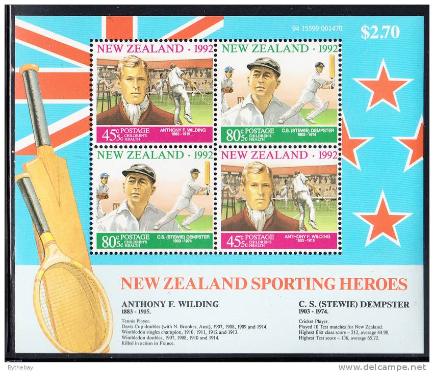 New Zealand Scott #B142a MNH Souvenir Sheet Of 4 Health Stamps - Anthony Wilding (tennis), C S Dempster (cricket) - Ongebruikt