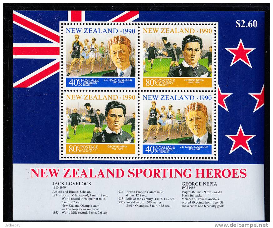 New Zealand Scott #B138a MNH Souvenir Sheet Of 4 Health Stamps - Jack Lovelock (track), George Nepia (rugby) - Unused Stamps