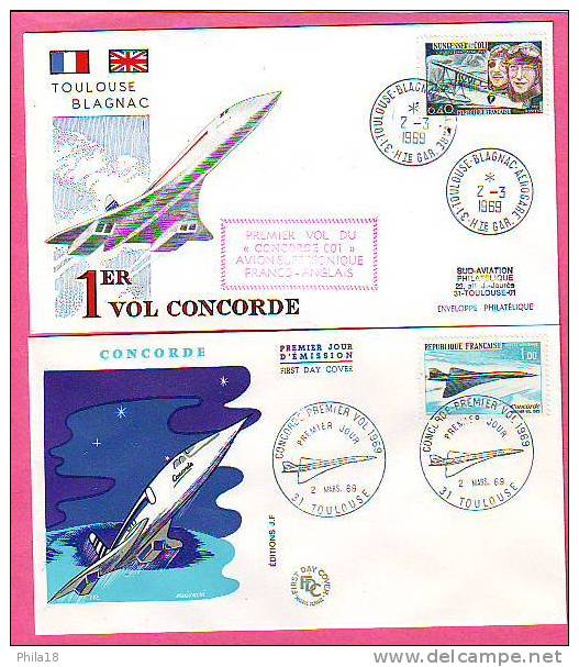 CONCORDE 1ER Vol Du 001 - 02 03 69  2 Env +1er Jour 10 01 76 - De J   VERNE  à CONCORDE 1ère Escale VICHY  9 09 83 - First Flight Covers