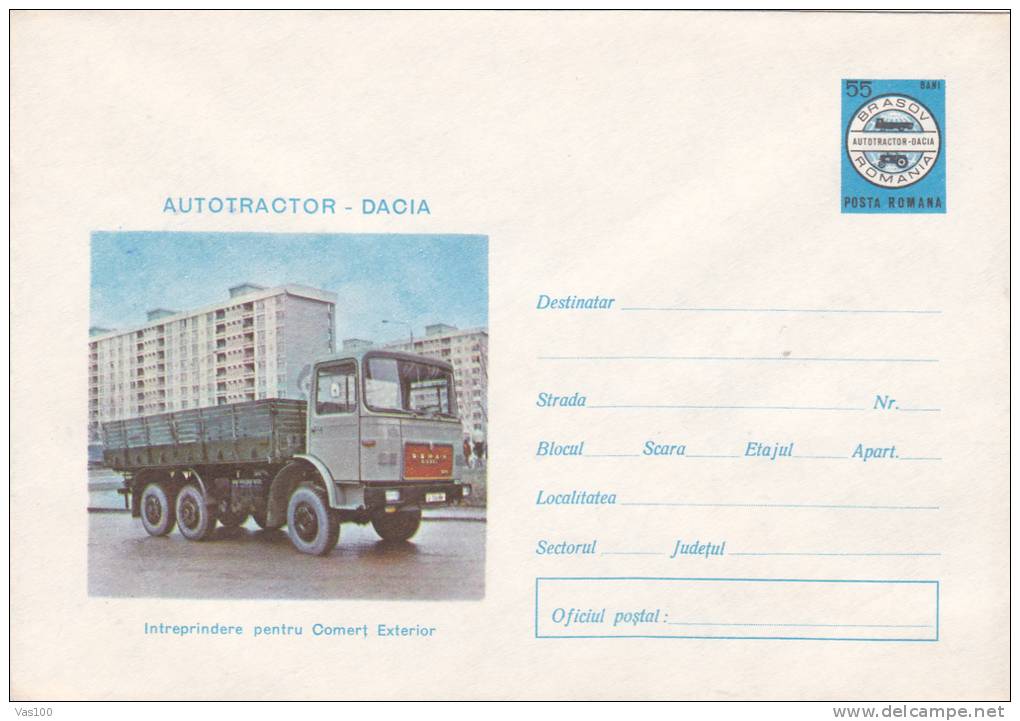 FACTORY Tractors And Machines In Brasov 1973,COVER STATIONERY,ENTIERS POSTAL,UNUSED,ROMANIA. - Trucks