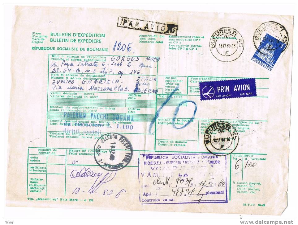 Italia-Romania Storia Postale Via Aerea 12.11.80 Pacchi Postali Italia/Bucarest  £. 800 + 2 X £.150 + L 1 Posta Romana - Parcel Post