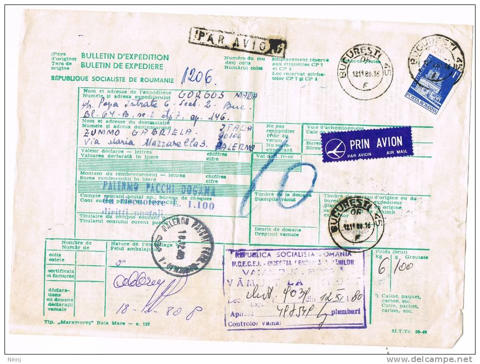 Italia-Romania Storia Postale Via Aerea 12.11.80 Pacchi Postali Italia/Bucarest  £. 800 + 2 X £.150 + L 1 Posta Romana - Paquetes Postales