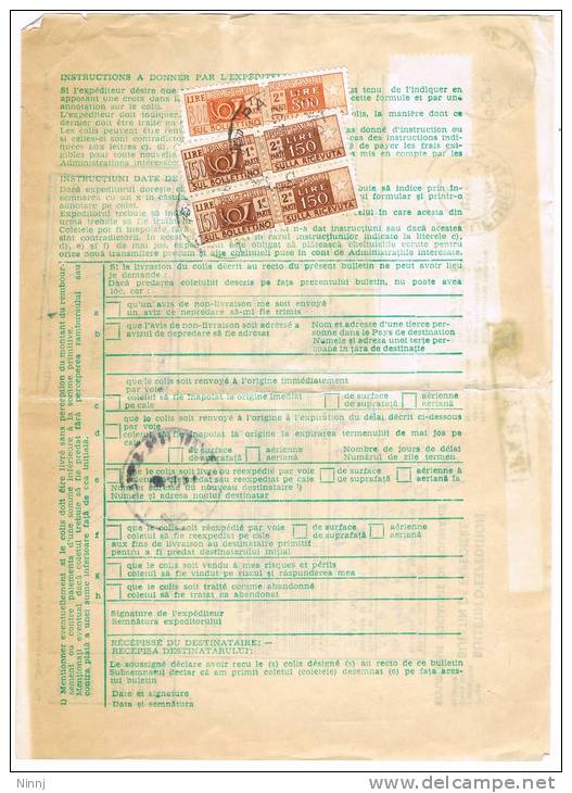 Italia-Romania Storia Postale Via Aerea 12.11.80 Pacchi Postali Italia/Bucarest  £. 800 + 2 X £.150 + L 1 Posta Romana - Paketmarken