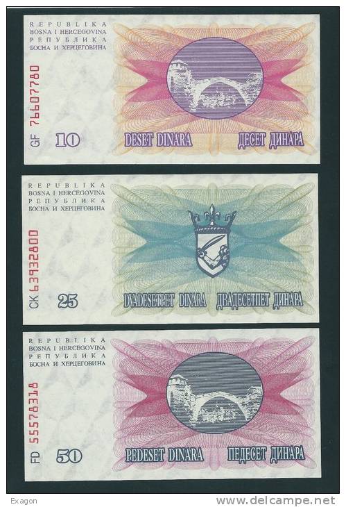 LOTTO Di N. 3  Banconote  BOSNIA  ERZEGOVINA -  DA 10 - 25 - 50. Dinara  / Anno 1992. - Bosnie-Herzegovine