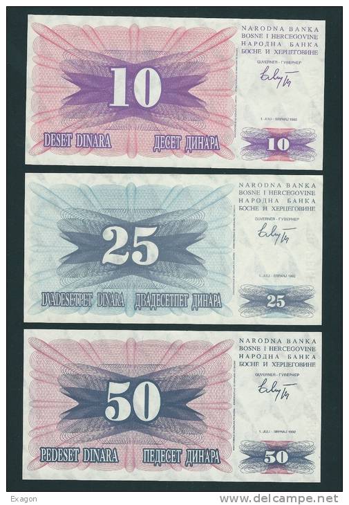 LOTTO Di N. 3  Banconote  BOSNIA  ERZEGOVINA -  DA 10 - 25 - 50. Dinara  / Anno 1992. - Bosnia Erzegovina