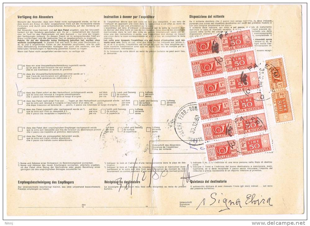 Italia-Svizzera Storia Postale Via Aerea 30.12.80 - Palermo/Zumikon Affr. £.800 + 6 X £. 50 (2 Scansioni) - Used Stamps