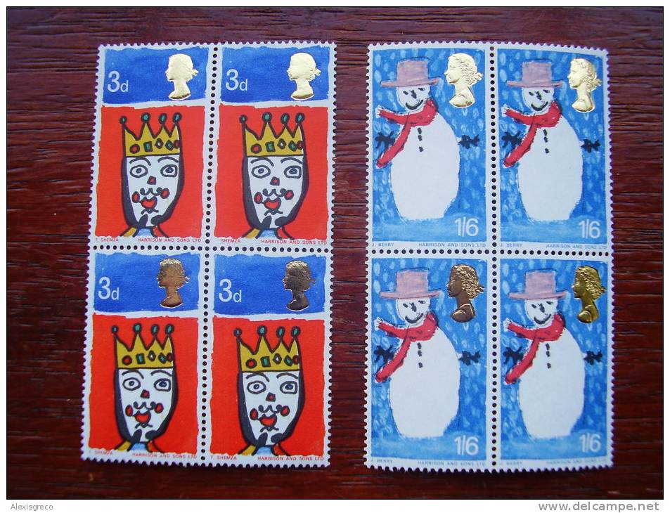 G.B. 1966  CHRISTMAS Issue Of TWO VALUES To 1s6d  MNH FULL SET In Blocks Of FOUR WITH MISSING "T" Variety. - Unused Stamps