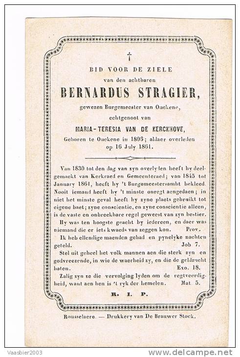 OEKENE (Roeselare) ,doodsprentje V. BURGEMEESTER Bernardus STRAGIER ( OEKENE)  + 1861 ! ! ! RAAR - Historical Documents