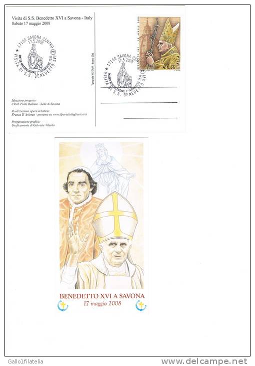 2008 - REPUBBLICA ITALIANA - VISITA BENEDETTO XVI A SAVONA - 2 CARTOLINE CON TIMBRO F.D.C. - FDC