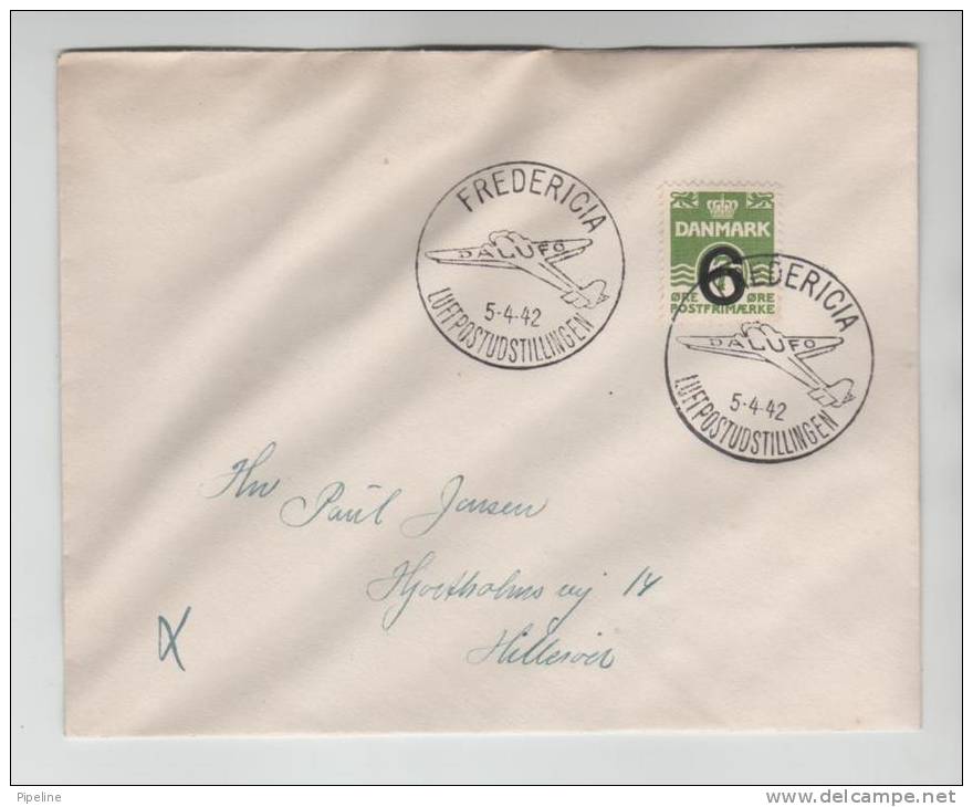 Denmark Cover Fredericia 5-4-1942 Air Mail Exhibition DALUFO Overprinted Stamp - Storia Postale