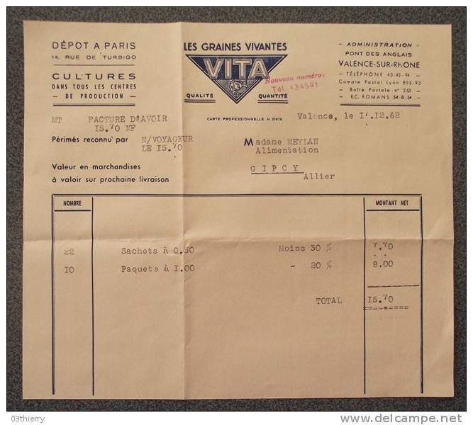 FACTURE VITA - LES GRAINES VIVANTES - 1962 - VALENCE SUR RHONE - DROME - - Landwirtschaft