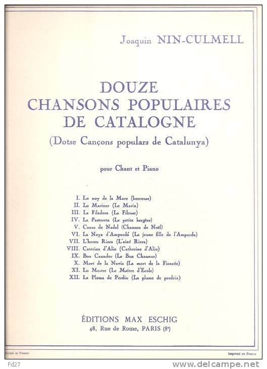 PARTITION DE JOAQUIN NIN-CULMELL: DOUZE CHANSONS POPULAIRES DE CATALOGNE - P-R