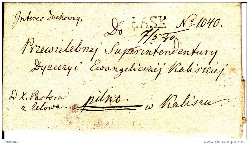 Poland Prephilatelic Cover/full Letter LASK In Black To KALISZ 1840 - ...-1860 Préphilatélie