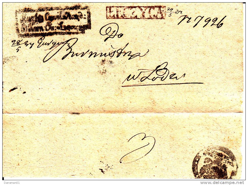 Poland Prephilatelic Cover LECZYCA In Black To LODZ 1834 With Boxed IR (part Letter) - ...-1860 Prephilately