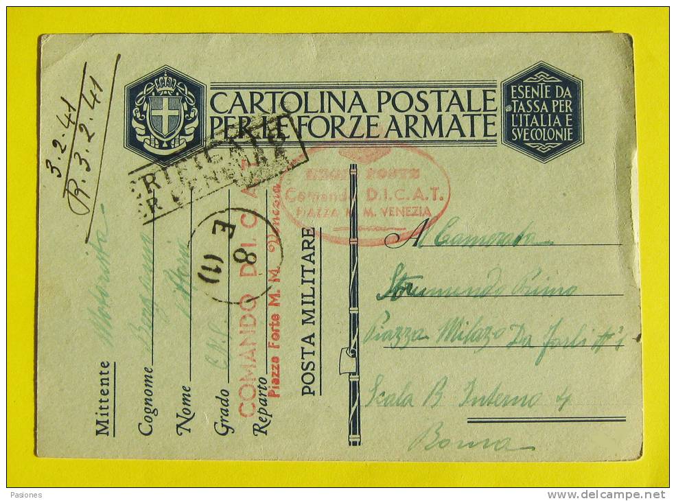 Cartolina Postale Per Le Forze Armate Dal Comando D.I.C.A.T. Venezia Per Roma 03/02/1941 - Militaire Post (PM)