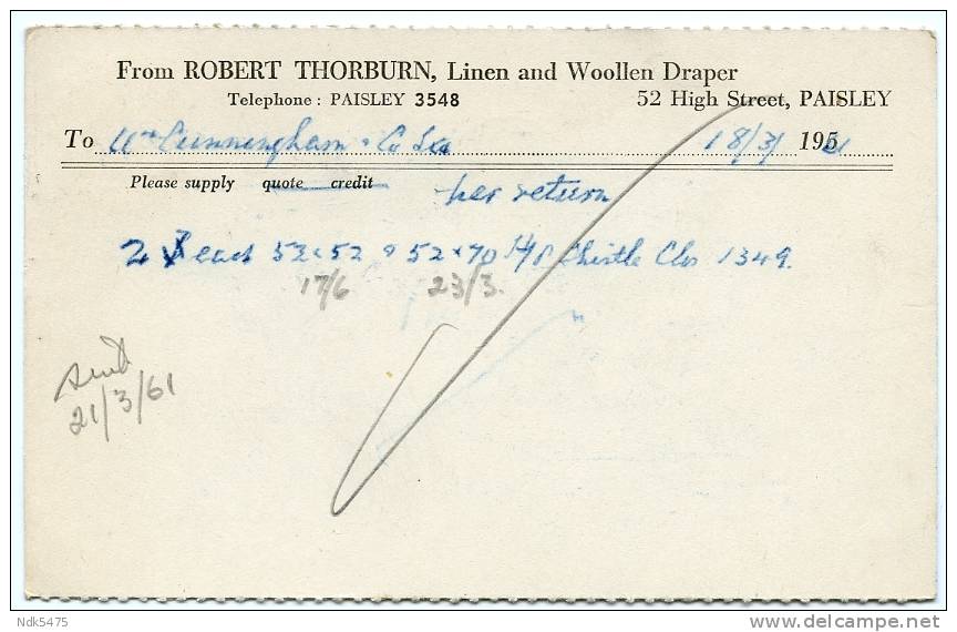 PAISLEY : ROBERT THORBURN, LINEN AND WOOLLEN DRAPER, HIGH STREET / BUY STAMPS IN BOOKS / DUNFERMLINE, WOODHEAD STREET - Renfrewshire