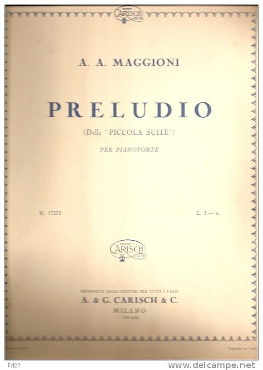 PARTITION DE AURELIO ANTONIO MAGGIONI: PRELUDIO (DALLA "PICCOLA SUITE") PER PIANOFORTE - M-O