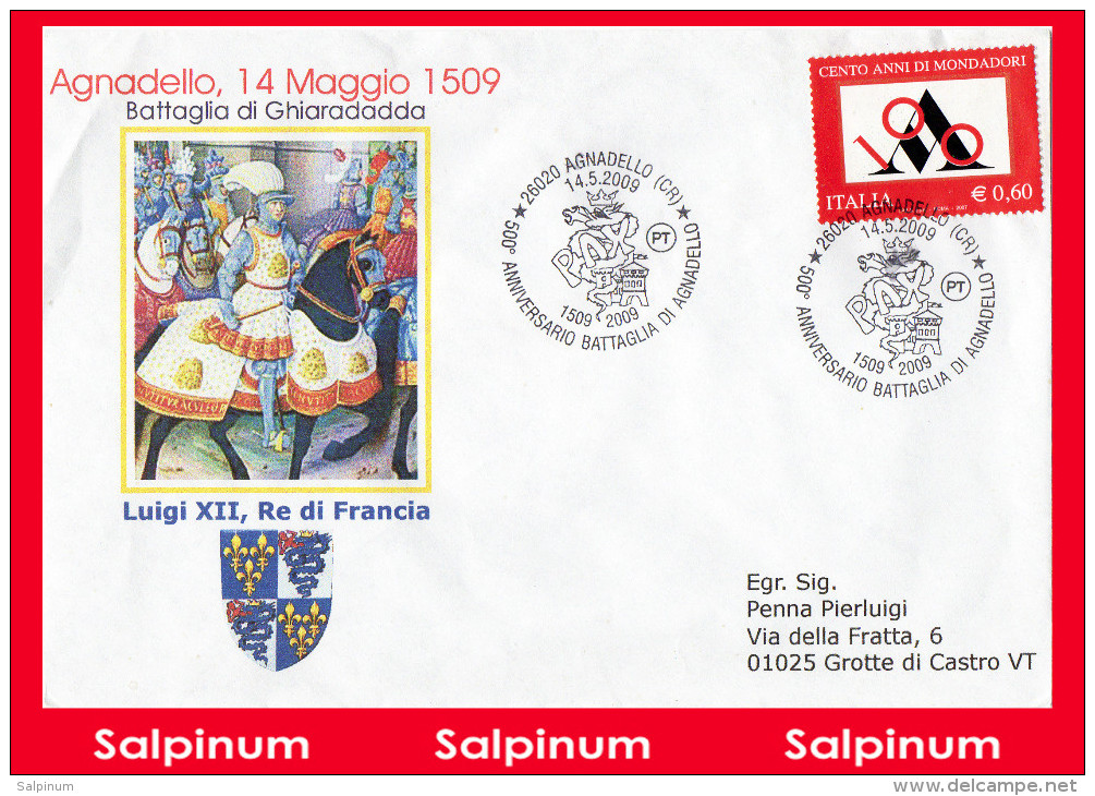 ANNULLO ANNIVERSARIO 500° BATTAGLIA DI AGNADELLO 14-05-2009 - 2001-10: Storia Postale