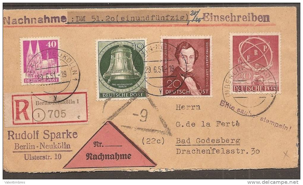 Allemagne Berlin Lettre Avec N° YT 55+60+62° ERP Idée Européenne Lortzing Cloche Rare !!!! - Covers & Documents