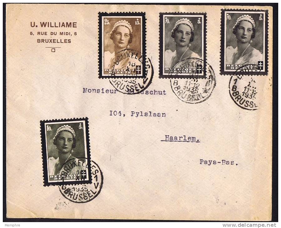 1935  Lettre Pour Les Pays-Bas Timbres Du Deuil De La Reine Astrid  COB 411, 412, 415 X 2 - Covers & Documents
