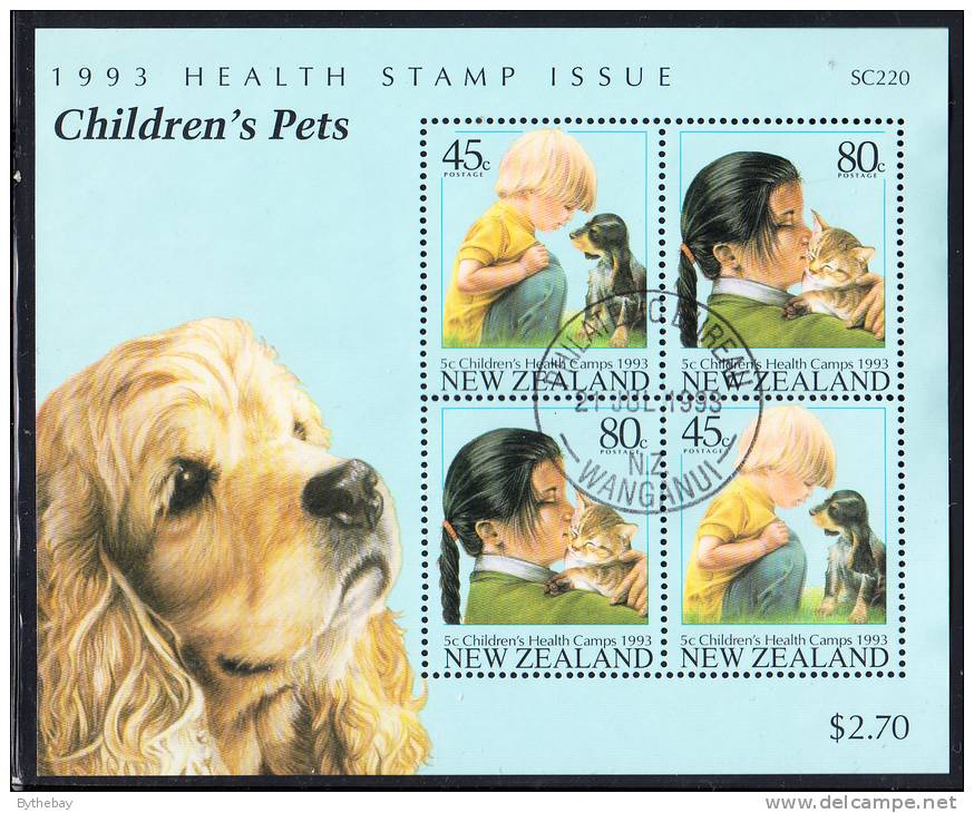 New Zealand Scott #B144a Used Miniature Sheet Of 4 Health Stamps - Boy And Puppy, Girl And Kitten - Gebraucht