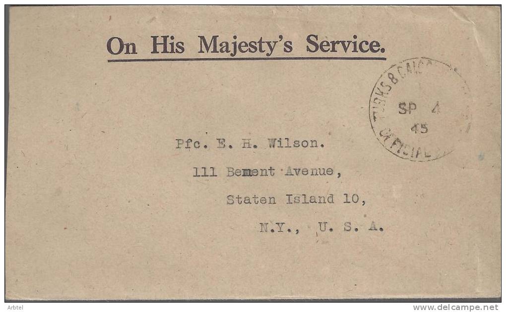 TURKS AND CAICOS CC POR CORREO OFICIAL EN 1945 A ESTADOS UNIDOS - Turks & Caicos (I. Turques Et Caïques)