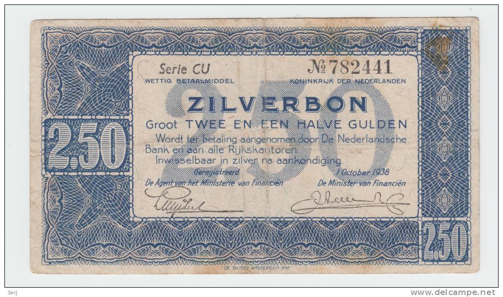 Nethrlands 2 1/2 Gulden 1938 ""aF"" Zilverbon  P 62 - 2 1/2 Florín Holandés (gulden)