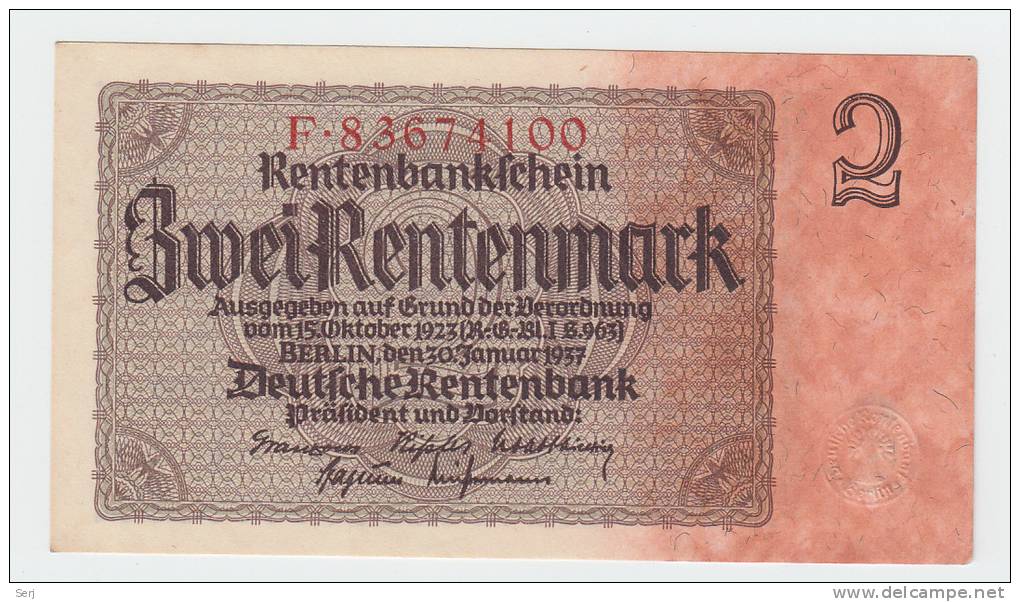 Germany 2 Rentenmark 1937 AUNC CRISP P 174b  174 B - Altri & Non Classificati