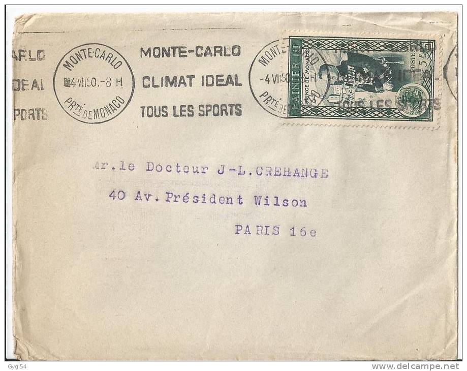 Monaco Lettre Vers Paris De 04/07/1950      N°351 CAT YT - Postmarks