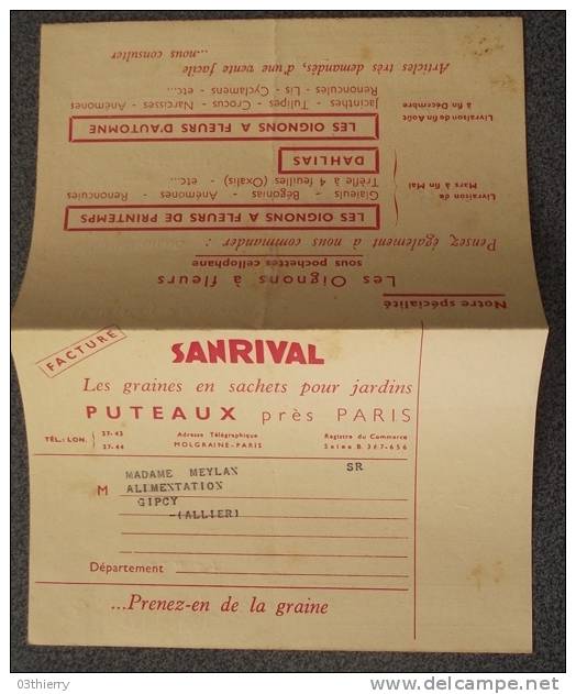 FACTURE - SANRIVAL - AVEC MANDAT CARTE DE VERSEMENT - 1957 - - Agriculture
