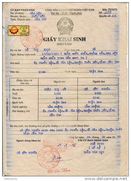 VIETNAM VIET NAM BIRTH CERTIFICATE (PAPER COPIES WITH REVENUE STAMP) CAN-THO PROVICE - Historische Documenten