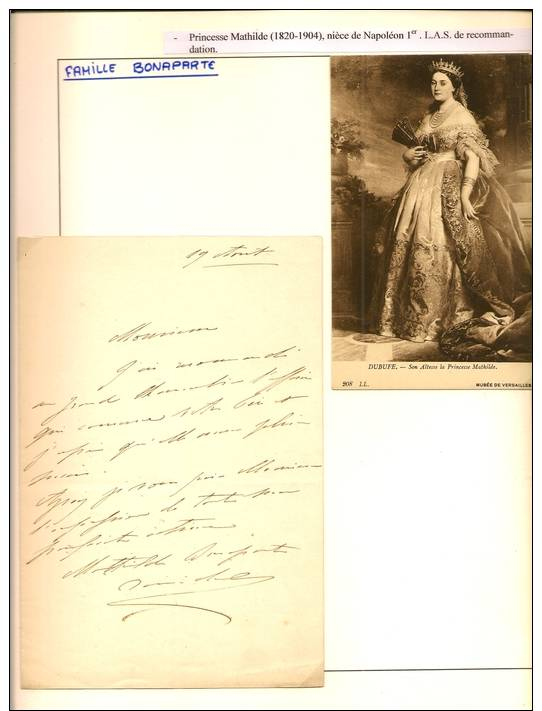 Lettre  De La Princesse Mathilde ,nièce De Napléon Bonaparte - Historical Documents