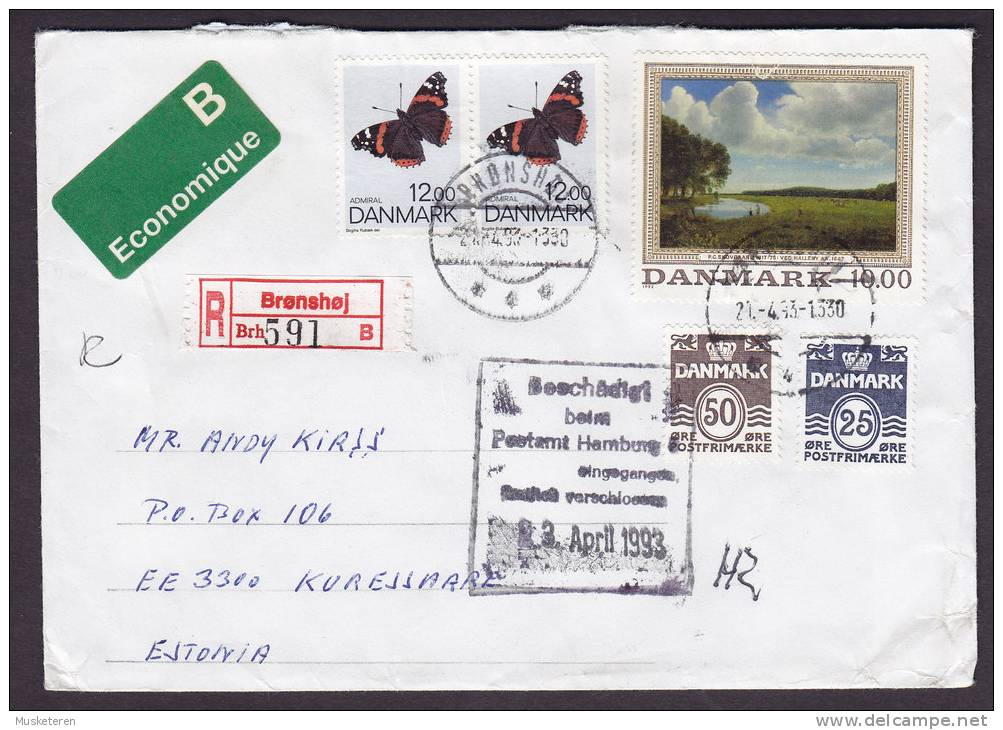 Denmark Registered Recommandée Einschreiben BRØNSHØJ Label 1993 Cover To Estonia Butterfly Papillon Schmetterling - Lettres & Documents