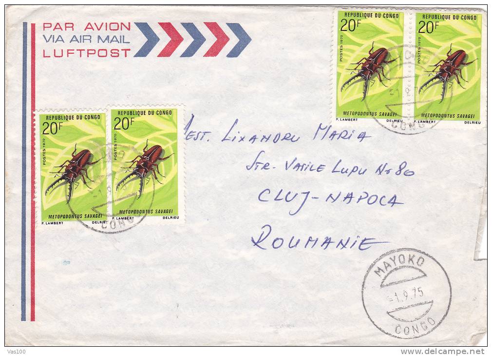 CONGO INSECT 4 STAMPS, ON COVER, AIR MAIL, 1975, SENT TO ROMANIA - Autres & Non Classés