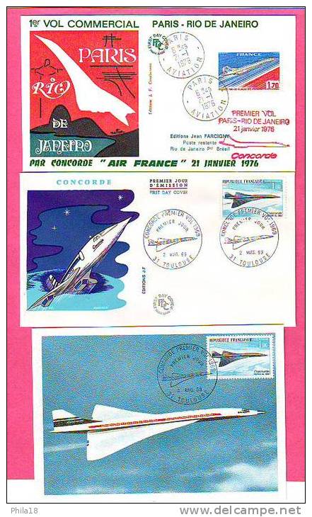 CONDORDE 1 ENV PREMIER VOL PARIS-RIO DE JANEIRO 21 01 76 ET UNE ENV ET UNE CARTE  TOULOUSE 02 03 69 - First Flight Covers
