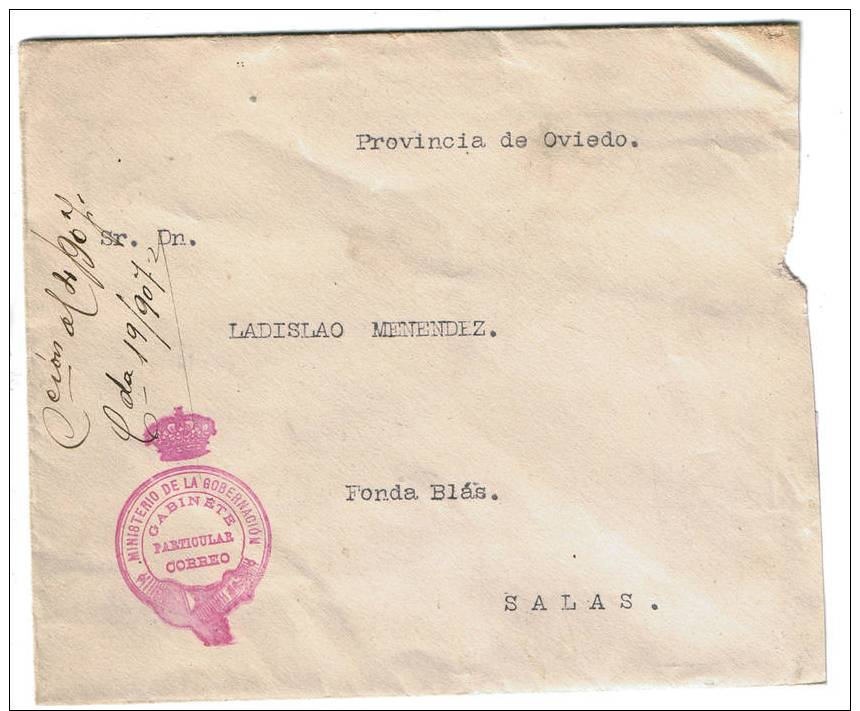 ESPAÑA 1907.MINISTERIO DE LA GOBERNACION.FRANQUICIA EN SOBRE A SALAS (OVIEDO).CN 1923 - Cartas & Documentos