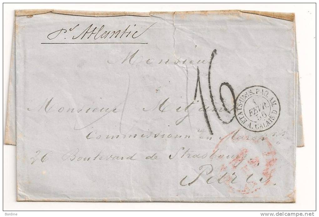 Lettre - ETATS UNIS - NEW YORK - Taxée - Càd Maritime De 1856 - …-1845 Préphilatélie