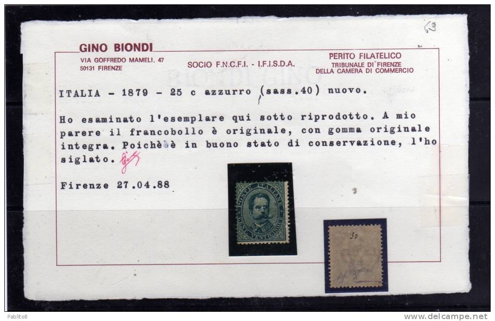 ITALIA REGNO 1879 UMBERTO I 25 CENTESIMI MNH CERTIFICATO - Neufs