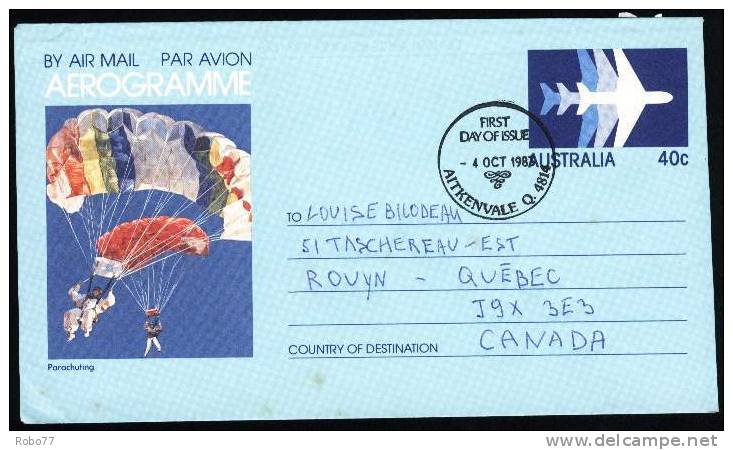 1983 Australia Aerogram Sent To Canada. Parachuting.  (V01040) - Fallschirmspringen