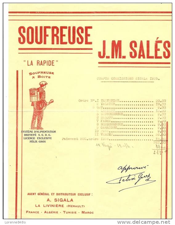 Facture De 1935..."SOUFFREUSE A BOITE" ...La Rapide...J.M.SALéS...LA LIVINIèRE Dans L´Hérault...Félix GROS... - Agriculture