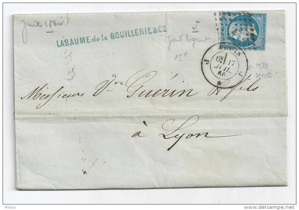 N° 14 BLEU NAPOLEON SUR LETTRE / PARIS POUR LYON / 17 JUIL1860 - 1849-1876: Période Classique