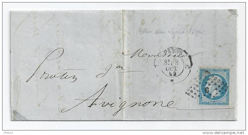 N° 14 BLEU NAPOLEON SUR LETTRE / PARIS POUR AVIGNON / 8 OCT 1859 - 1849-1876: Période Classique