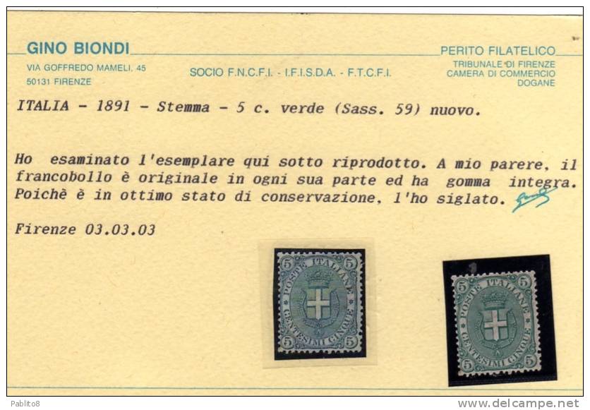 ITALIA REGNO ITALY KINGDOM 1891 - 1896 UMBERTO I CENTESIMI 5 MNH BEN CENTRATO CERTIFICATO - Neufs