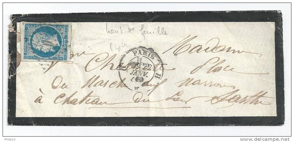 N° 14 BLEU NAPOLEON SUR LETTRE / PARIS POUR CHATEAU DU LOIR / 22 JANV 1860 - 1849-1876: Période Classique