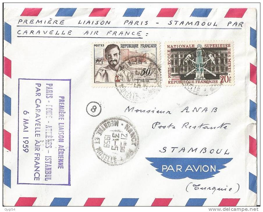 PARIS Rome Athenes ISTANBUL Air France Première Liaison Aérienne Par Caravelle 6/05/59 - Erst- U. Sonderflugbriefe