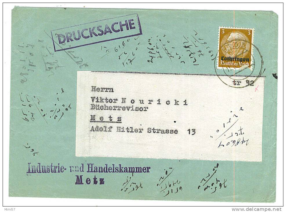 Enveloppe Drucksache - Timbre Surchargé Lothringen - Metz Industrie Handelskammer - Lettres & Documents