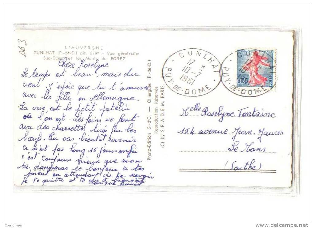 63 CUNLHAT Vue Générale, Mont Du Forez, Ed GdO 7305, CPSM 9x14, 1961 - Cunlhat