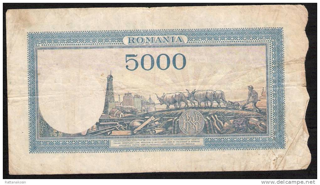 ROMANIA  P56  5000 LEI  15 DEC. 1944   VF     NO P.h. - Roumanie
