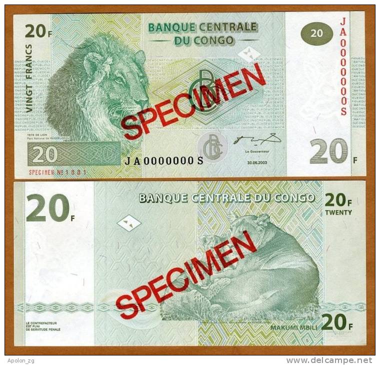 CONGO DEMOCRATIC REPUBLIC:  20 Francs 2003  UNC  *SPECIMEN * P-94As, UNC   / LION´S HEAD - Non Classés