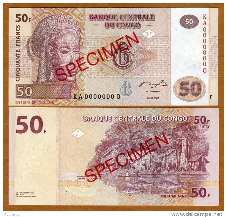 CONGO DEMOCRATIC REPUBLIC:  50 Francs 2007  UNC  *SPECIMEN*  / Mask , Village, Fishing - Unclassified